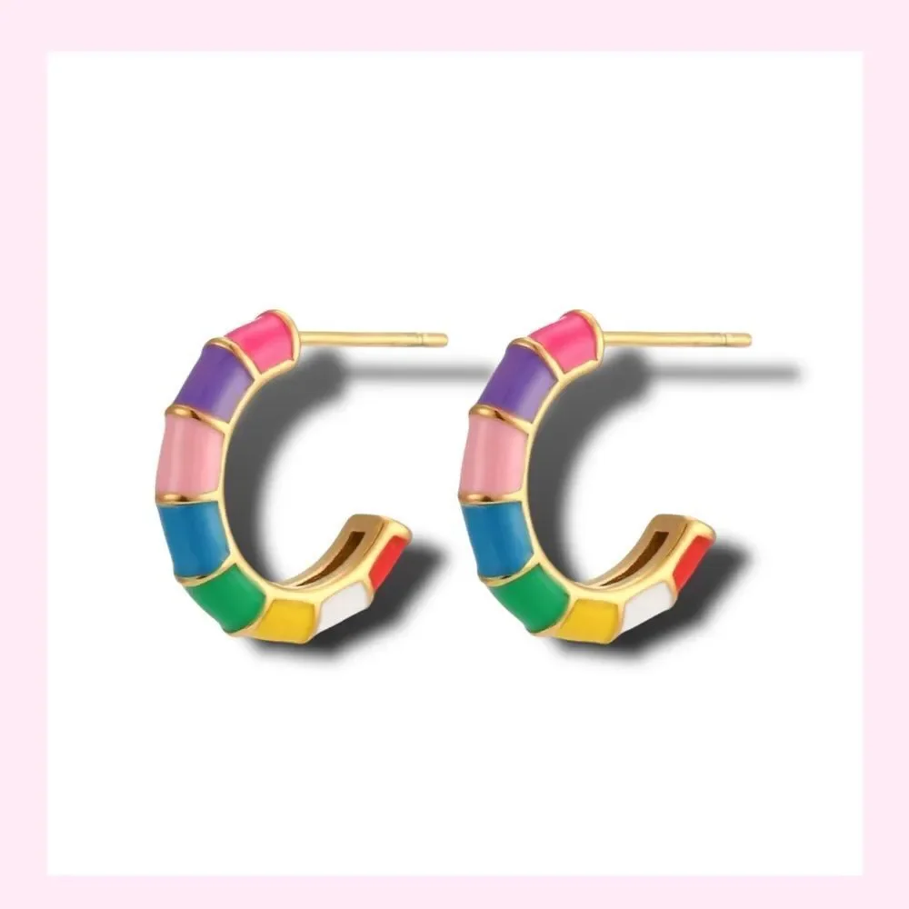 Multicolor Ceramic Mini Hoop Huggie Earring Colorblock Design NIB 18kgold plate